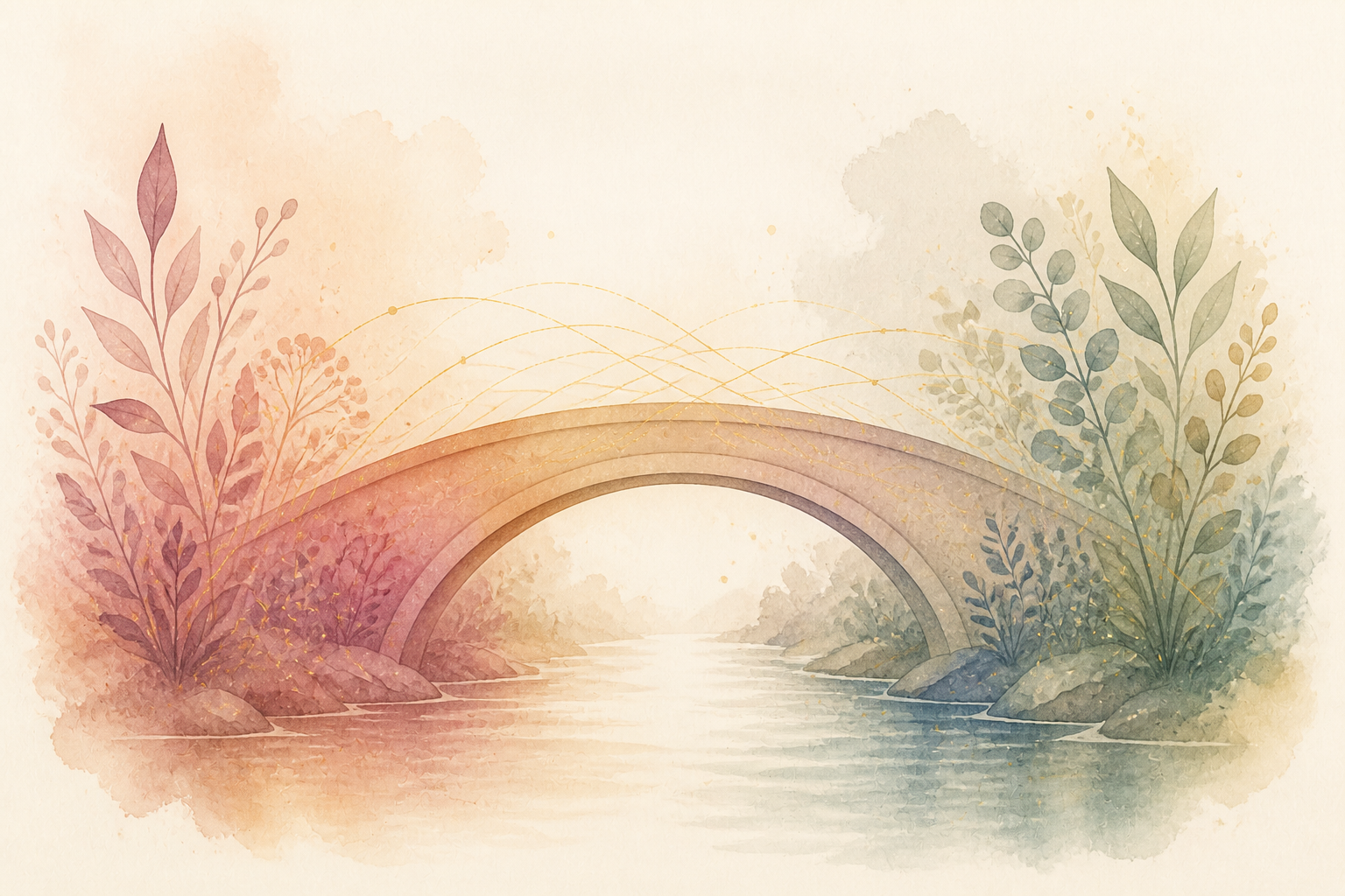Puente en acuarela que une dos orillas con vegetación diversa